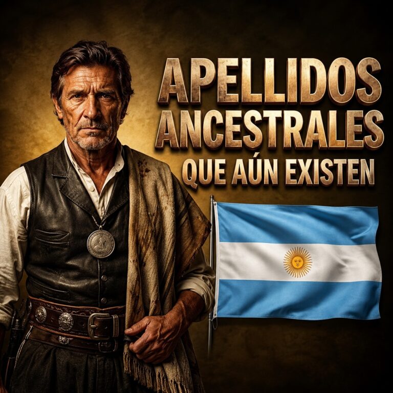 Hombre mayor con vestimenta criolla junto a la bandera argentina y el texto Apellidos ancestrales que aún existen
