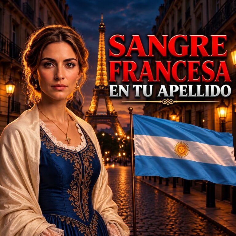 Mujer joven con vestido azul frente a la Torre Eiffel y la bandera argentina con el texto Sangre francesa en tu apellido