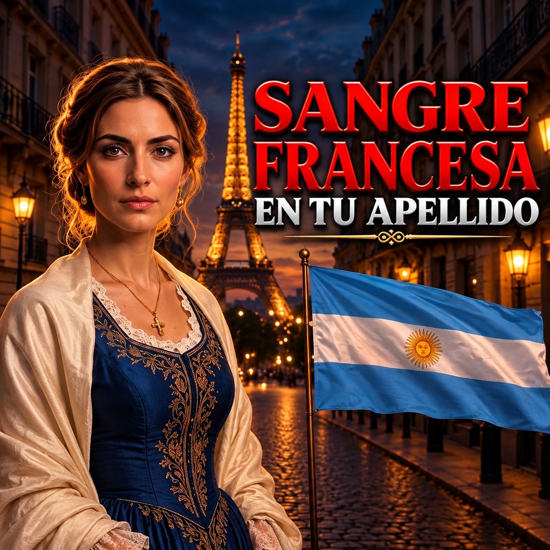 Mujer joven con vestido azul frente a la Torre Eiffel y la bandera argentina con el texto Sangre francesa en tu apellido