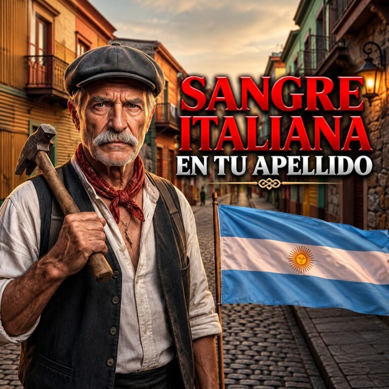 Hombre mayor con martillo junto a la bandera argentina en una calle de barrio y el texto Sangre italiana en tu apellido