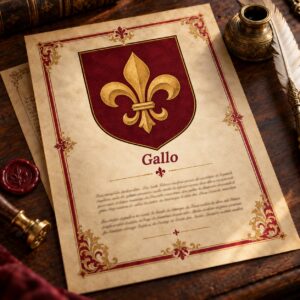 Carta heráldica impresa del apellido Gallo sobre un escritorio de madera con tintero y pluma