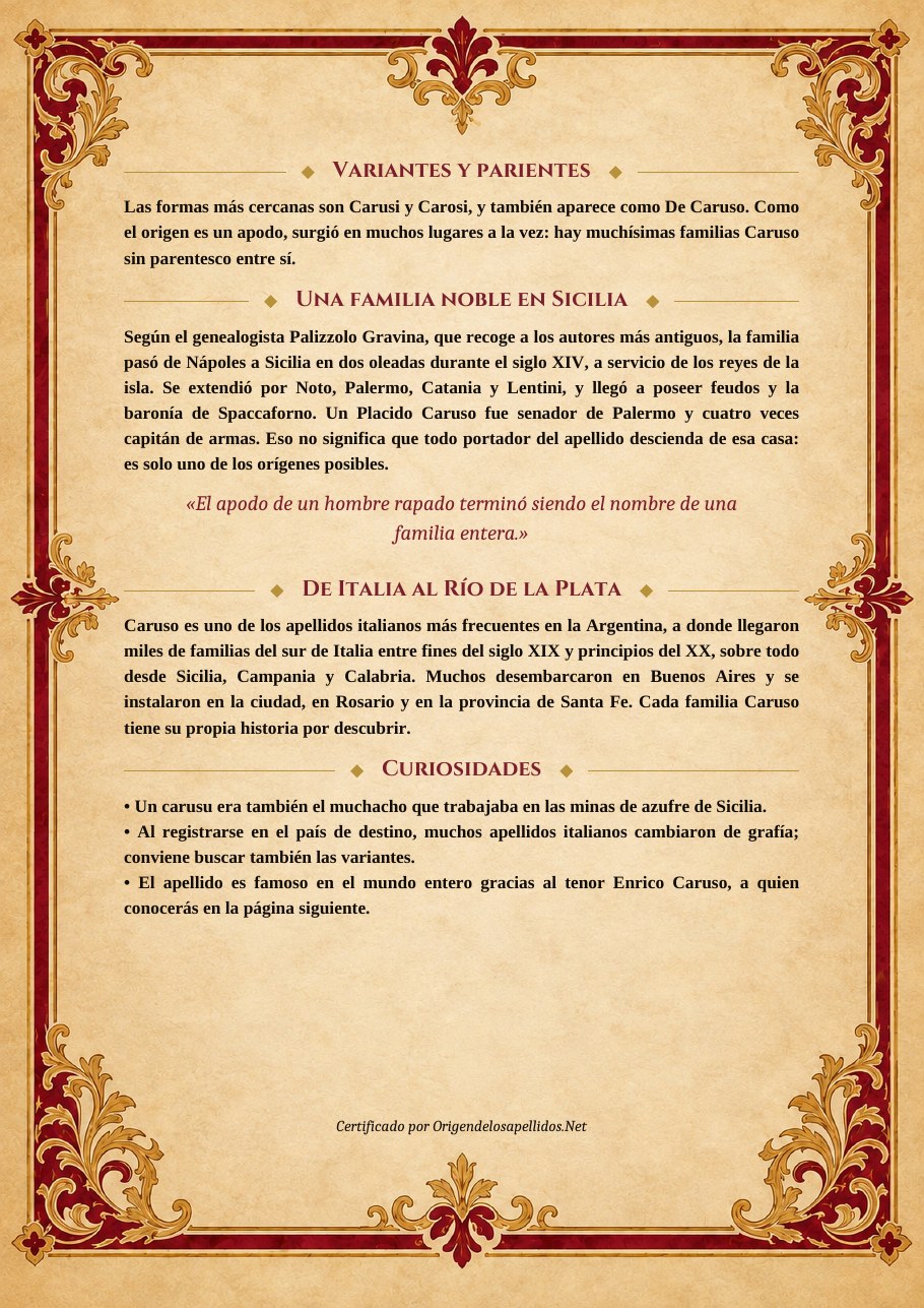 Carta heráldica Caruso, variantes, linaje y llegada al Río de la Plata