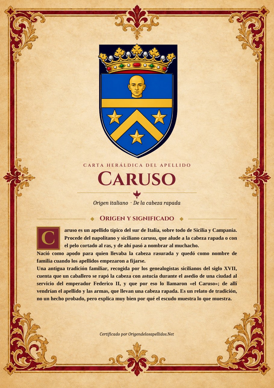 Carta heráldica del apellido Caruso, portada con escudo y origen