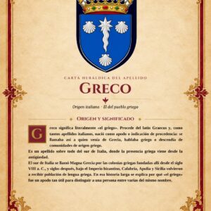 Carta heráldica del apellido Greco, portada con escudo y origen